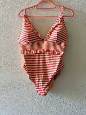 J.CREW Ruffle Plunge Neckline Striped Coral One-Piece Women’s Swimsuit Size 16